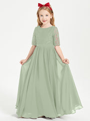 Long Junior Bridesmaid Gown Lace Top Half Sleeves Dusty Sage