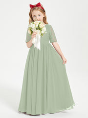Long Junior Bridesmaid Gown Lace Top Half Sleeves Dusty Sage