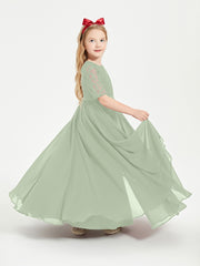 Long Junior Bridesmaid Gown Lace Top Half Sleeves Dusty Sage