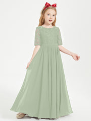 Long Junior Bridesmaid Gown Lace Top Half Sleeves Dusty Sage