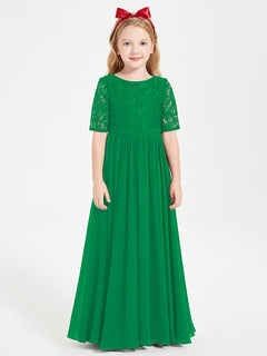 Long Junior Bridesmaid Gown Lace Top Half Sleeves Emerald