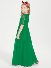 Long Junior Bridesmaid Gown Lace Top Half Sleeves Emerald