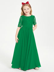 Long Junior Bridesmaid Gown Lace Top Half Sleeves Emerald