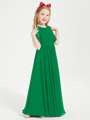 Long Junior Bridesmaid Gown Lace Top Half Sleeves Emerald