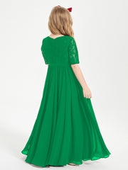 Long Junior Bridesmaid Gown Lace Top Half Sleeves Emerald