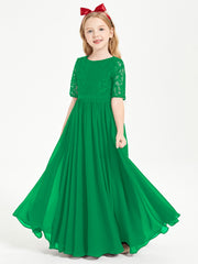 Long Junior Bridesmaid Gown Lace Top Half Sleeves Emerald