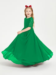 Long Junior Bridesmaid Gown Lace Top Half Sleeves Emerald