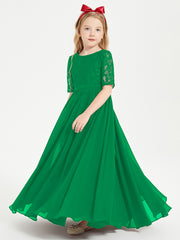 Long Junior Bridesmaid Gown Lace Top Half Sleeves Emerald
