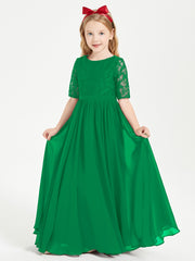 Long Junior Bridesmaid Gown Lace Top Half Sleeves Emerald