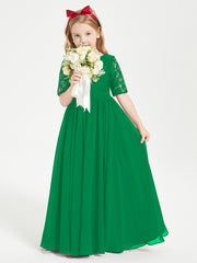 Long Junior Bridesmaid Gown Lace Top Half Sleeves Emerald