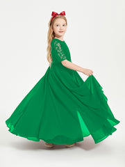 Long Junior Bridesmaid Gown Lace Top Half Sleeves Emerald