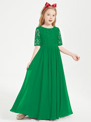 Long Junior Bridesmaid Gown Lace Top Half Sleeves Emerald