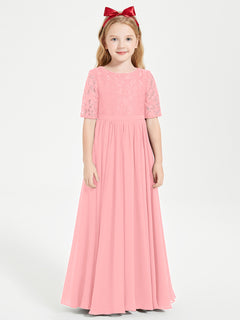 Long Junior Bridesmaid Gown Lace Top Half Sleeves Flamingo