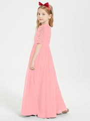 Long Junior Bridesmaid Gown Lace Top Half Sleeves Flamingo