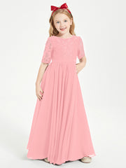 Long Junior Bridesmaid Gown Lace Top Half Sleeves Flamingo