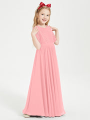 Long Junior Bridesmaid Gown Lace Top Half Sleeves Flamingo