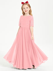 Long Junior Bridesmaid Gown Lace Top Half Sleeves Flamingo