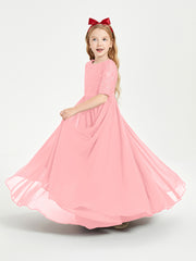 Long Junior Bridesmaid Gown Lace Top Half Sleeves Flamingo