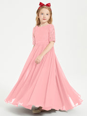 Long Junior Bridesmaid Gown Lace Top Half Sleeves Flamingo