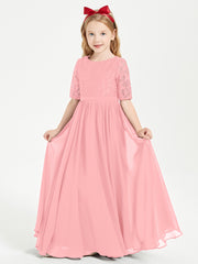 Long Junior Bridesmaid Gown Lace Top Half Sleeves Flamingo