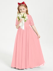 Long Junior Bridesmaid Gown Lace Top Half Sleeves Flamingo