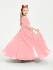 Long Junior Bridesmaid Gown Lace Top Half Sleeves Flamingo