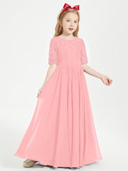 Long Junior Bridesmaid Gown Lace Top Half Sleeves Flamingo