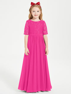 Long Junior Bridesmaid Gown Lace Top Half Sleeves Fuchsia