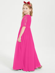 Long Junior Bridesmaid Gown Lace Top Half Sleeves Fuchsia