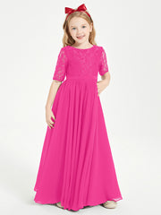 Long Junior Bridesmaid Gown Lace Top Half Sleeves Fuchsia