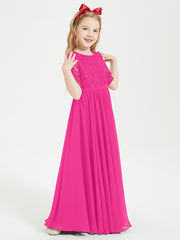 Long Junior Bridesmaid Gown Lace Top Half Sleeves Fuchsia