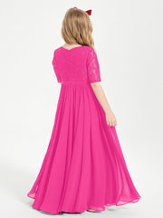 Long Junior Bridesmaid Gown Lace Top Half Sleeves Fuchsia