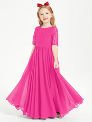Long Junior Bridesmaid Gown Lace Top Half Sleeves Fuchsia