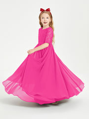 Long Junior Bridesmaid Gown Lace Top Half Sleeves Fuchsia