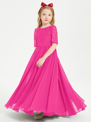 Long Junior Bridesmaid Gown Lace Top Half Sleeves Fuchsia