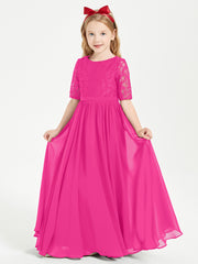 Long Junior Bridesmaid Gown Lace Top Half Sleeves Fuchsia