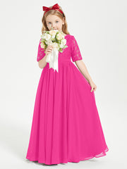Long Junior Bridesmaid Gown Lace Top Half Sleeves Fuchsia