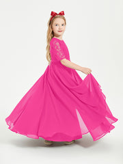 Long Junior Bridesmaid Gown Lace Top Half Sleeves Fuchsia