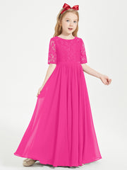 Long Junior Bridesmaid Gown Lace Top Half Sleeves Fuchsia