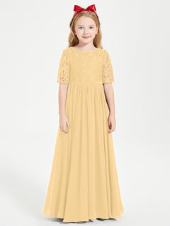 Long Junior Bridesmaid Gown Lace Top Half Sleeves Gold