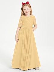 Long Junior Bridesmaid Gown Lace Top Half Sleeves Gold