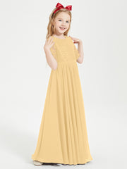 Long Junior Bridesmaid Gown Lace Top Half Sleeves Gold