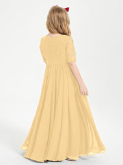 Long Junior Bridesmaid Gown Lace Top Half Sleeves Gold