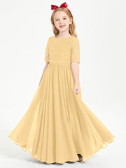 Long Junior Bridesmaid Gown Lace Top Half Sleeves Gold