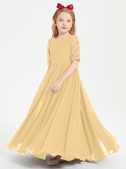 Long Junior Bridesmaid Gown Lace Top Half Sleeves Gold
