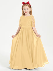 Long Junior Bridesmaid Gown Lace Top Half Sleeves Gold