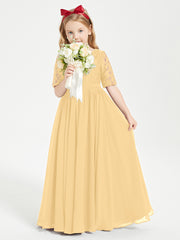 Long Junior Bridesmaid Gown Lace Top Half Sleeves Gold