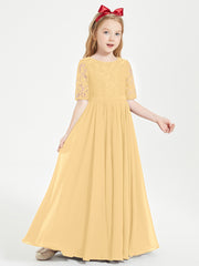 Long Junior Bridesmaid Gown Lace Top Half Sleeves Gold