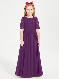 Long Junior Bridesmaid Gown Lace Top Half Sleeves Grape