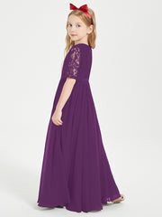 Long Junior Bridesmaid Gown Lace Top Half Sleeves Grape